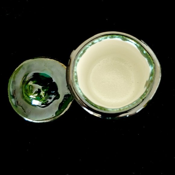 Handmade Small Ceramic Stash Jar Marsh Green with Turquoise Blooms - Picture 7 of 9